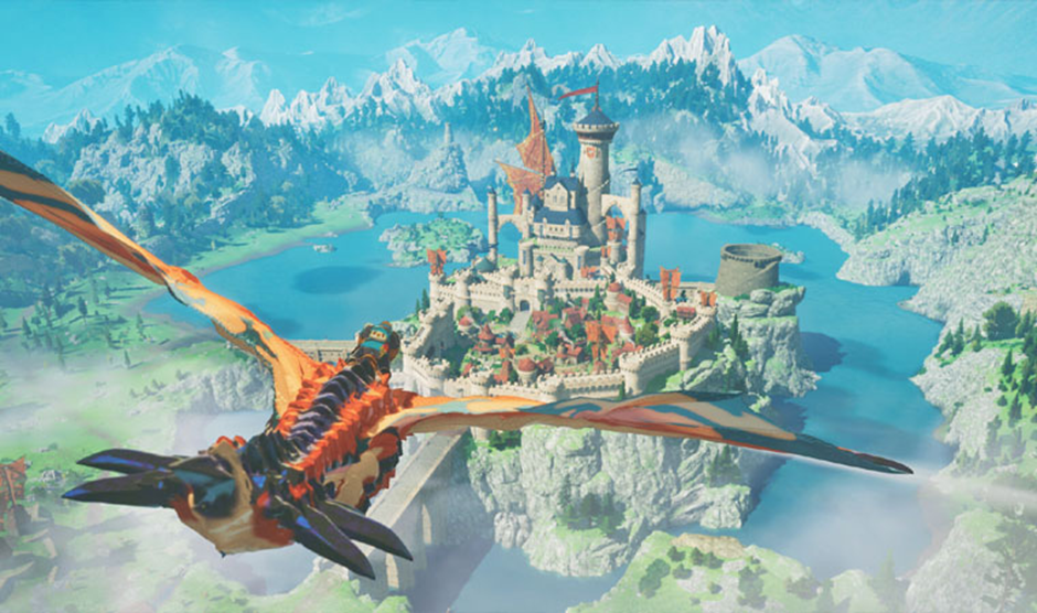 Imagem do jogo Monster Hunter Stories 3: Twisted Reflection mostrando o protagonista montado sobre um dragão Rathalos voando pelos céus com um grande castelo ao fundo