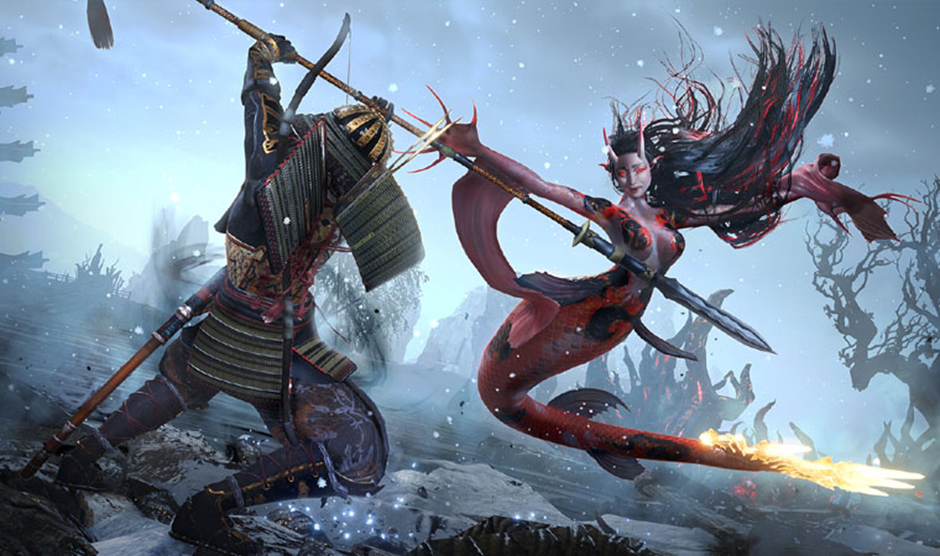 Imagem do jogo Nioh 3 mostrando um Samurai com uma lança enfrentando uma criatura yokai que é uma mistura de uma mulher com uma serpente marinha