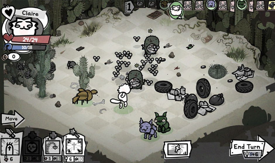 Imagem do jogo Mewgenics mostrando uma batalha isométrica de gatos em uma fase repleta de lixo, pneus e duas criaturas com corpo de cacto e moscas ao redor