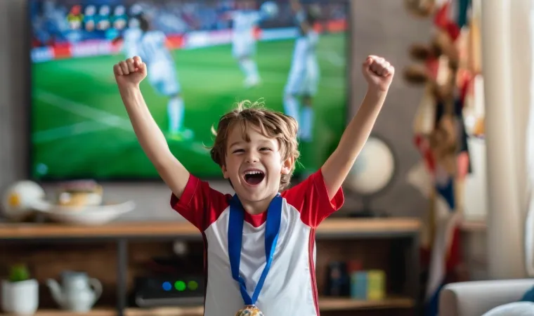 menino comemorando o gol da sua seleção na copa do mundo em uma sala de estar com tv