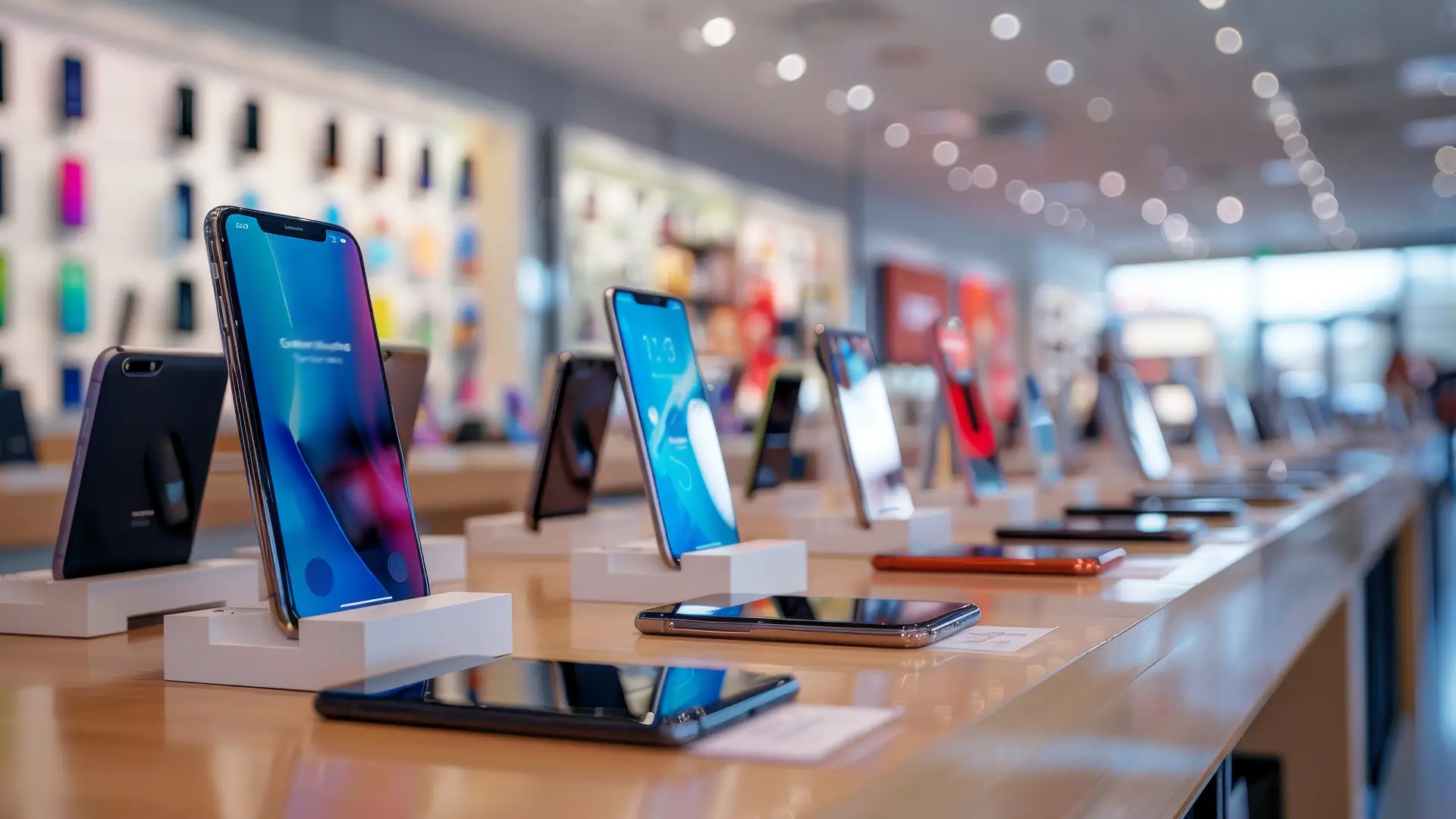 Vários smartphones expostos em loja moderna com fundo vibrante