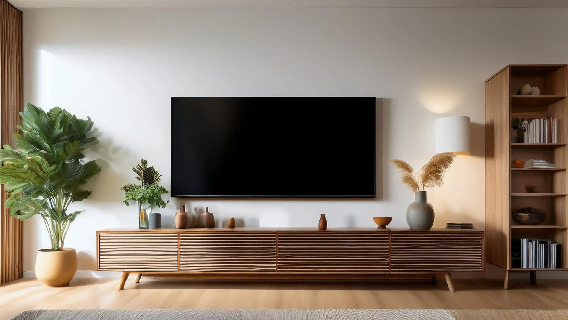 Smart TV grande de 65 polegadas instalada em sala de estar moderna