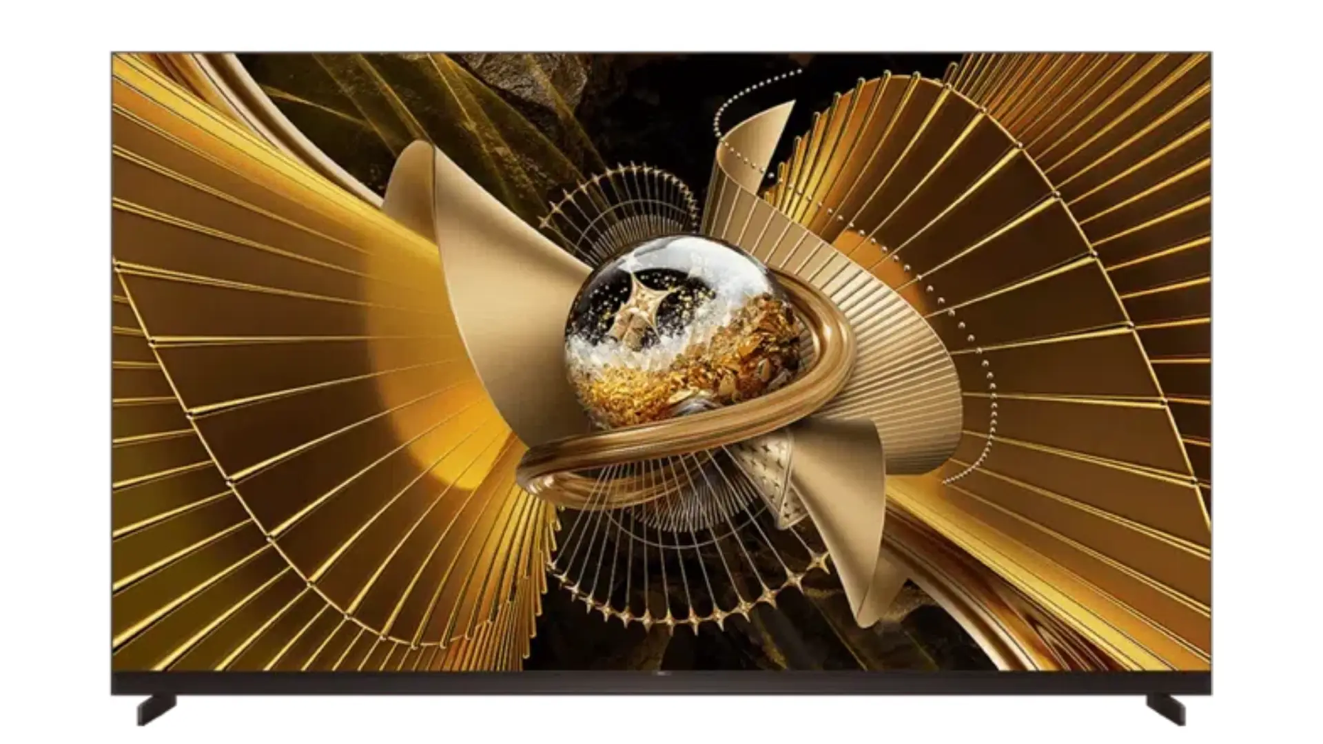 TV TCL X11L 8K de frente, com tela ligada em imagem dourada