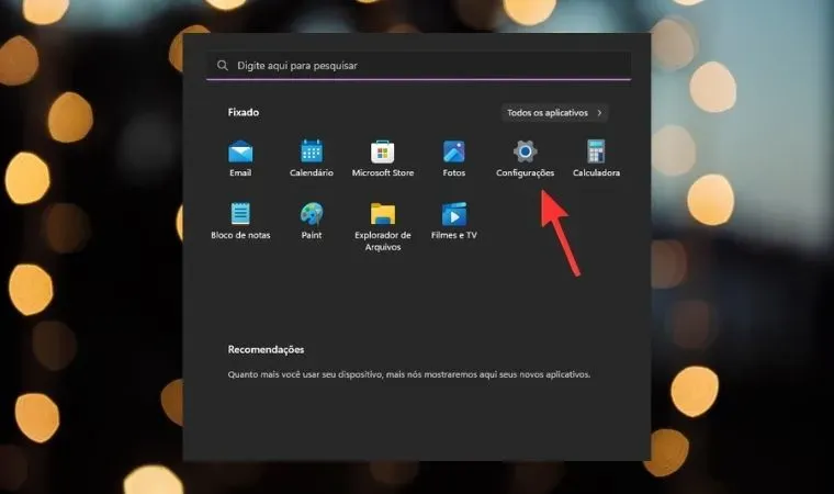 Print da tela do sistema operacional Windows 11 mostra onde acessar a opção “Configurações”.