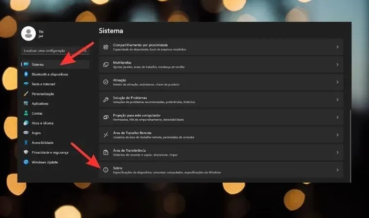 Print da tela do sistema operacional Windows 11 mostra onde acessar as opções “Sistema” e “Sobre” para descobrir o modelo do notebook.