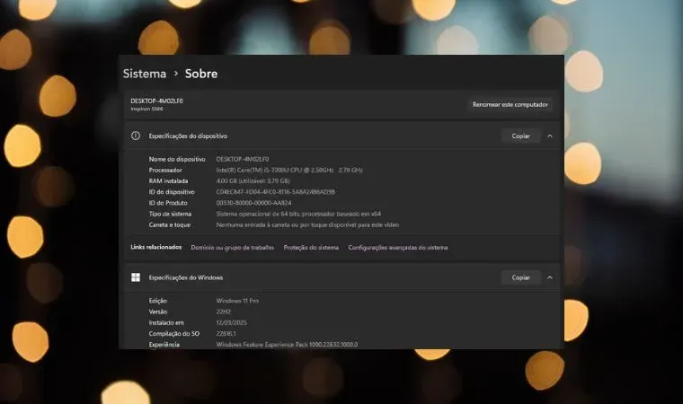 Print da tela do sistema operacional Windows 11 mostra as informações sobre o modelo do notebook.