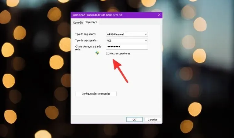 Print da tela do sistema operacional Windows 11 mostra onde acessar a aba de Segurança das propriedades da conexão sem fio e descobrir a senha do Wi-Fi