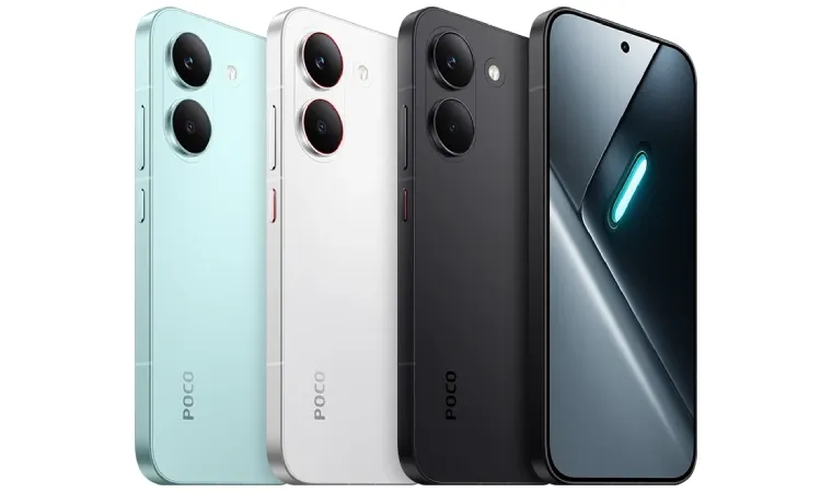 Três aparelhos Poco X8 Pro lado a lado, sendo um verde, um branco e um preto