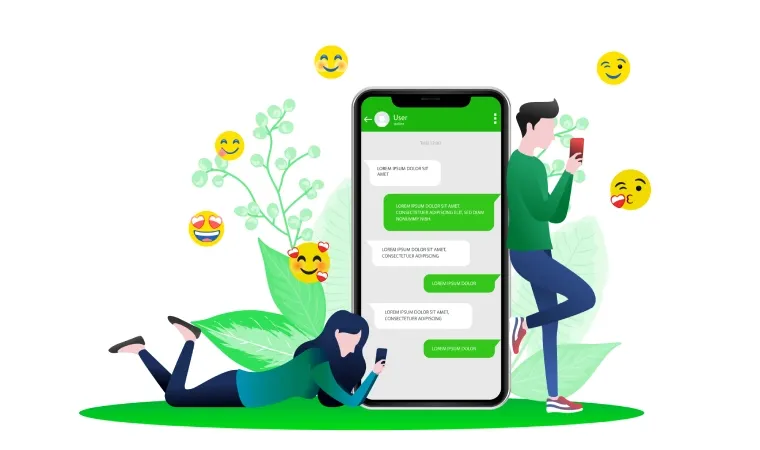 Ilustração de duas pessoas trocando mensagens pelo celular com emojis ao redor, representando o uso de emojis no WhatsApp