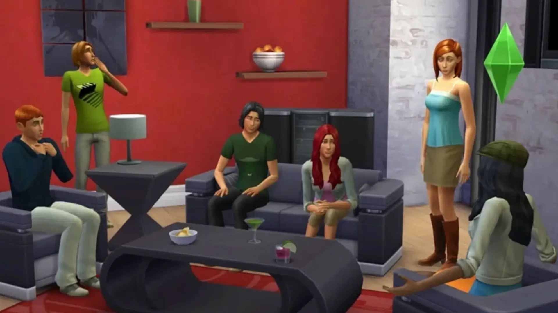 Imagem do jogo The Sims 4 mostrando vários Sims conversando entre si em uma sala 
