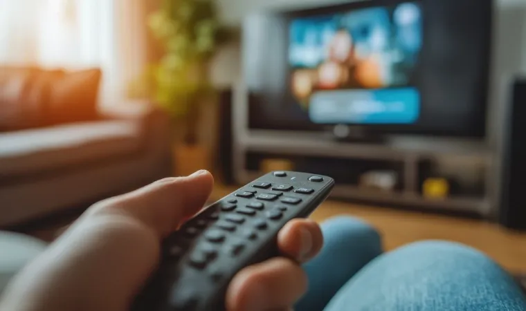 Imagem de uma pessoa vendo filme em smart TV com controle remoto na mão