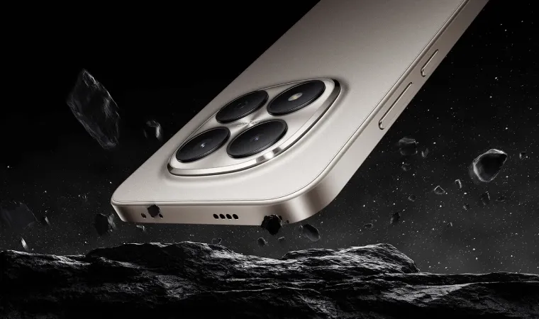 Divulgação do celular Redmi Note 15 Pro 5G caindo em uma superfície de pedra para mostrar sua resistência