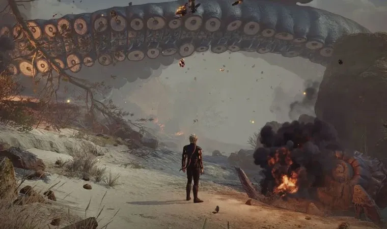 Imagem do jogo Baldur's Gate 3 com o personagem Astarion no campo de batalha observando gigantes tentáculos da criatura Illithid 