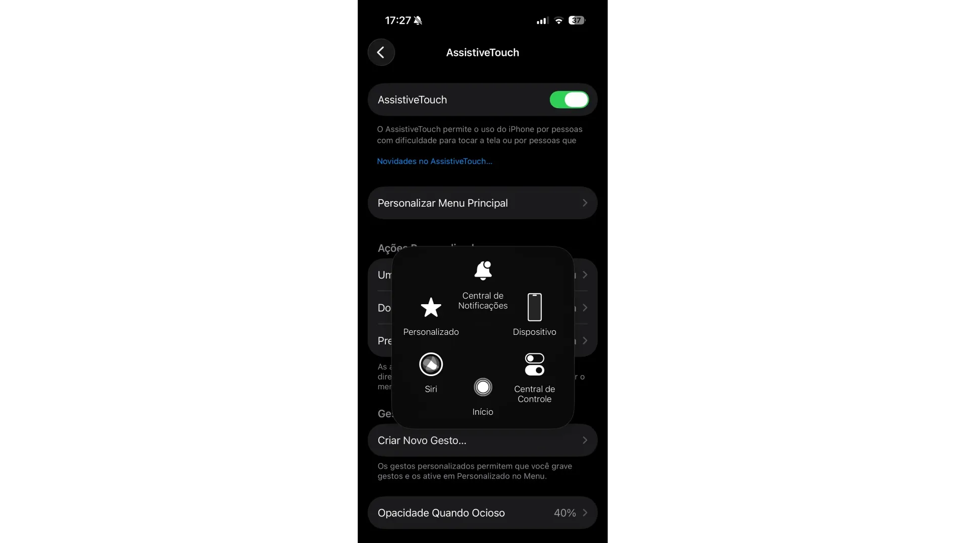 imagem mostra print do botão virtual do iPhone ativo