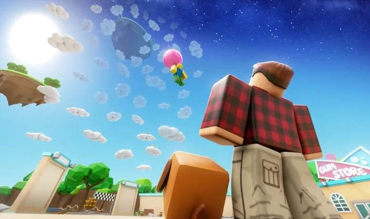 Arte do jogo Bubble Gum Simulator Infinity mostrando uma pessoa e seu pet cachorro observando outro player com uma grande bola de chiclete flutuando em direção a ilhas flutuantes 