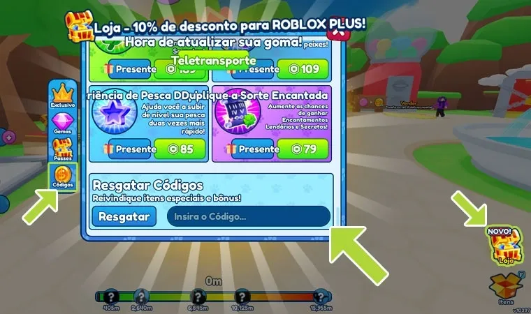 Imagem do jogo Bubble Gum Simulator Infinity em Roblox com setas indicando onde clicar na loja, na aba de códigos e onde inserir os códigos desejados 