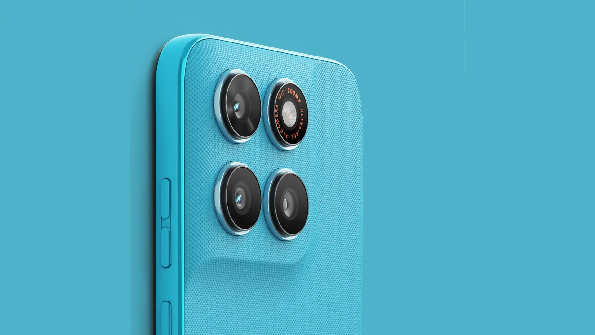 Smartphone azul com módulo de câmera quádruplo e sensor principal de 200MP com estabilização óptica