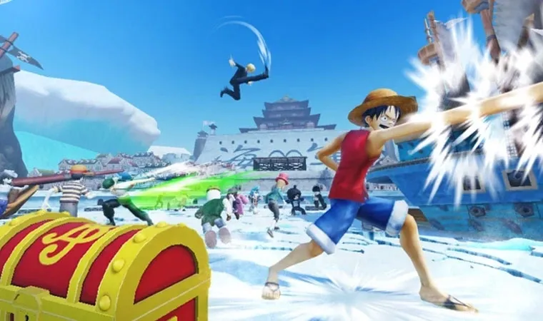 Imagem do jogo One Piece Grand Arena com o personagem Luffy de One Piece usando seu soco elástico com outros personagens ao fundo como Zoro, Sanji e personagens de Roblox lutando