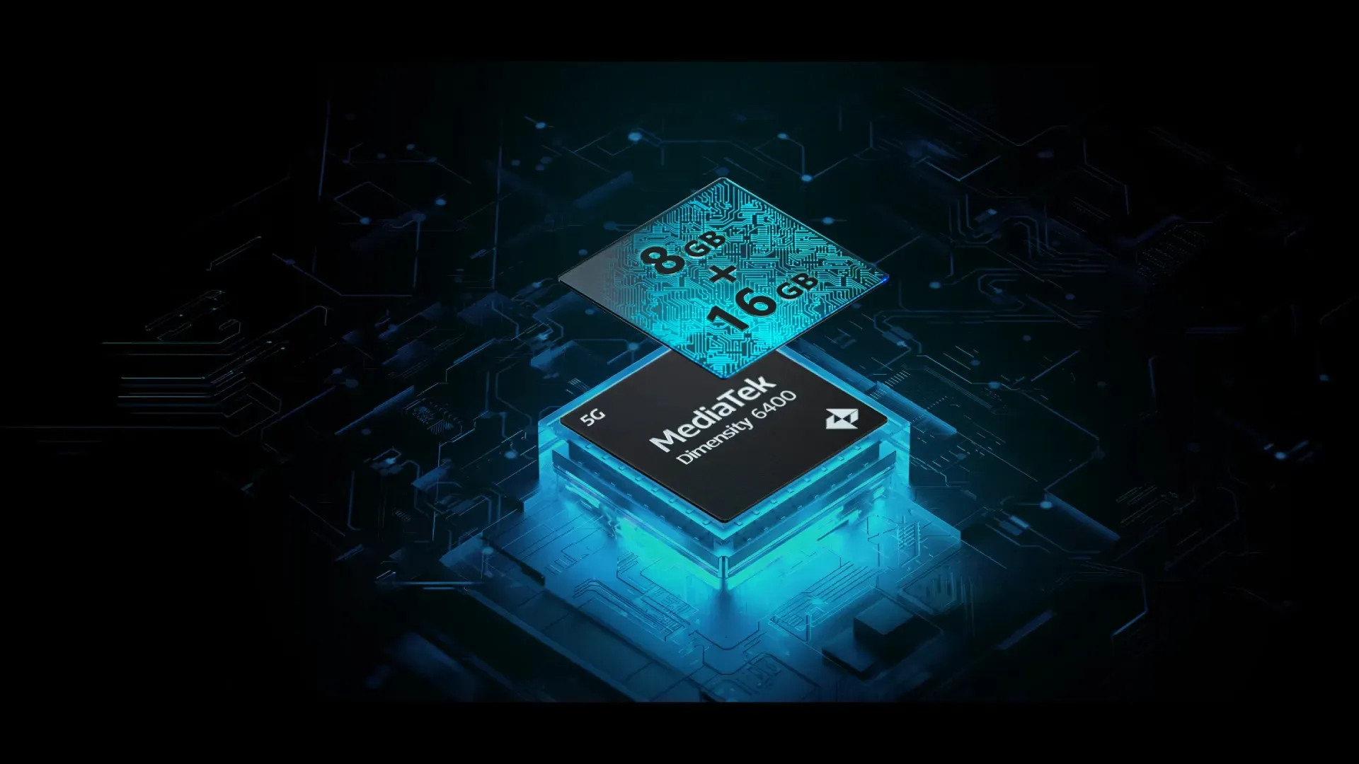 Chip MediaTek Dimensity 6400 com destaque para memória 8 GB + 16 GB em placa de circuito