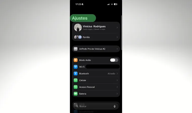 Imagem mostra o print da tela de ajustes do iPhone