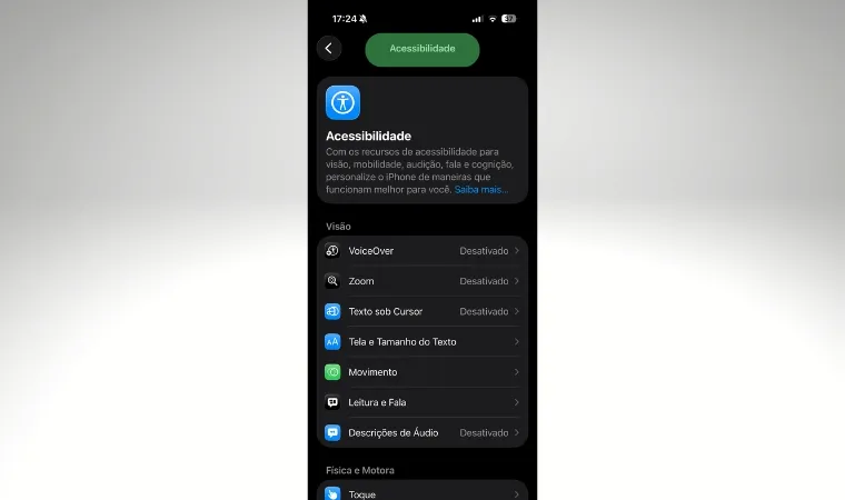 Imagem mostra o print da função Acessibilidade do iPhone