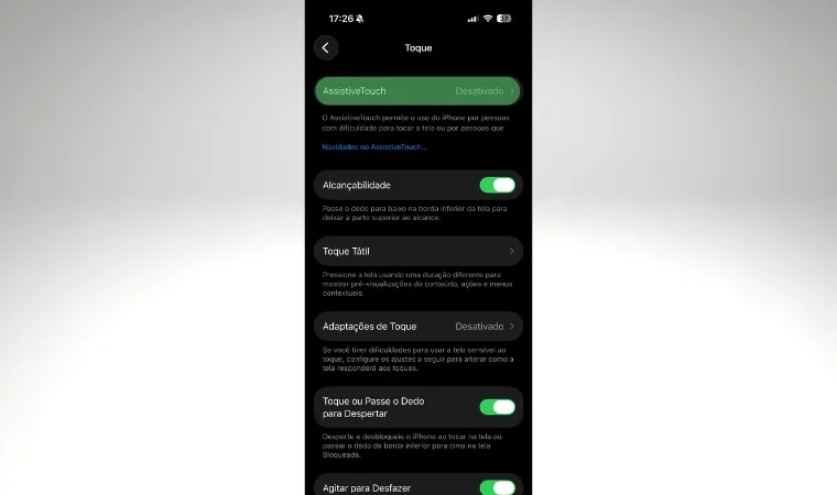 Imagem mostra print da função assistive touch do iPhone
