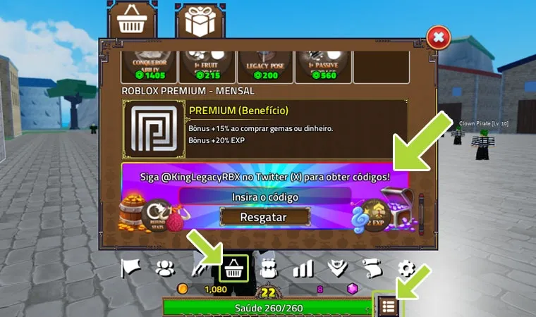 Imagem do jogo King Legacy no Roblox exibindo a loja do game com setas indicando como abri-la e onde inserir os códigos de recompensa 