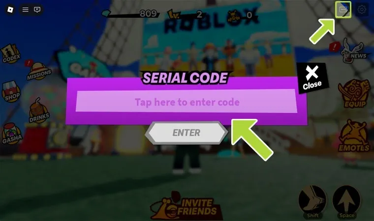 Imagem do jogo One Piece Grand Arena em Roblox com setas exibindo o ícone do tíquete no canto superior direito da tela e uma janela roxa onde o usuário deve inserir seu código de recompensa