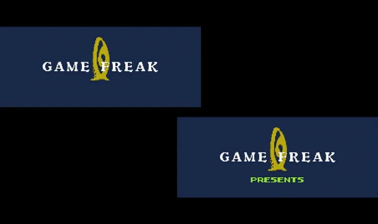 Duas imagens do jogo Pokémon Fire Red exibindo a tela de apresentação do logo da Game Freak, a versão 1.0 exibe apenas os dizeres Game Freak enquanto a 1.1 exibe Game Freak Presents
