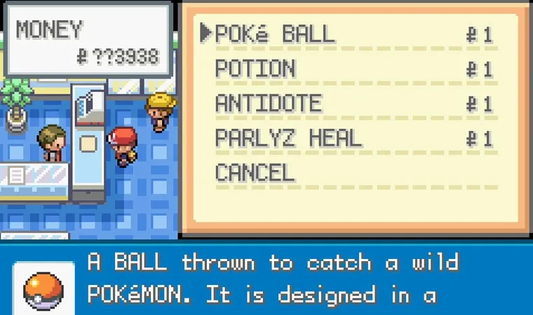 Imagem do jogo Pokémon Fire Red exibindo o protagonista Red em uma loja com uma quantidade absurda de dinheiro listada como "??3938" e todos os itens do PokéMart por apenas $1