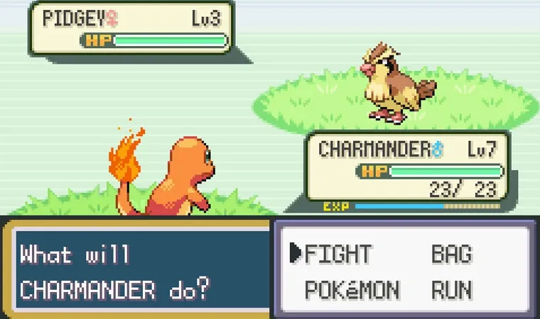 Imagem do jogo Pokémon Fire Red exibindo uma batalha entre um Charmander de nível 7 e um Pidgey de nível 3 com um menu de opções mostrando os tradicionais comandos Fight, Bag, Pokémon e Run