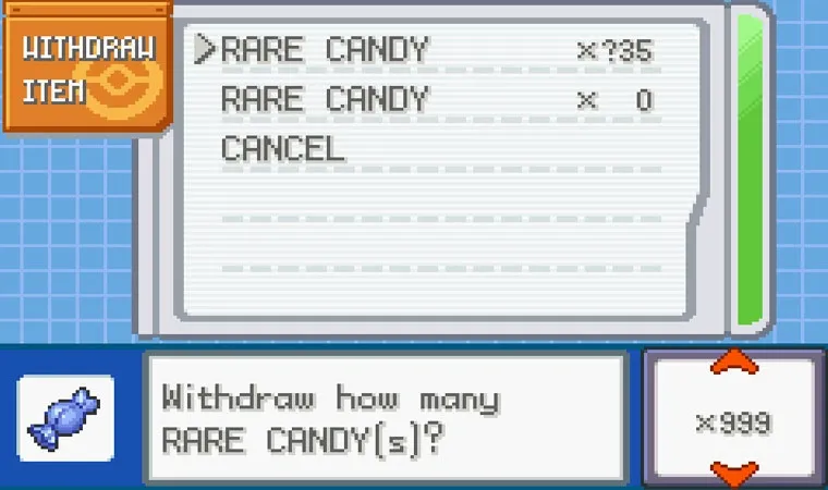 Imagem do jogo Pokémon Fire Red exibindo o menu para retirar itens do PC do protagonista exibindo o item Rare Candy em quantidade infinita com o número "?35" e 999 deles sendo retirados pelo player 