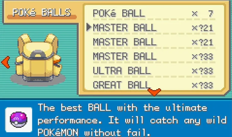 Imagem do jogo Pokémon Fire Red exibindo o menu de itens de Pokébolas com opções como Poké Ball, Master Ball, Ultra Ball e Great Ball, com a infalível Master Ball selecionada e sua descrição na parte de baixo da tela