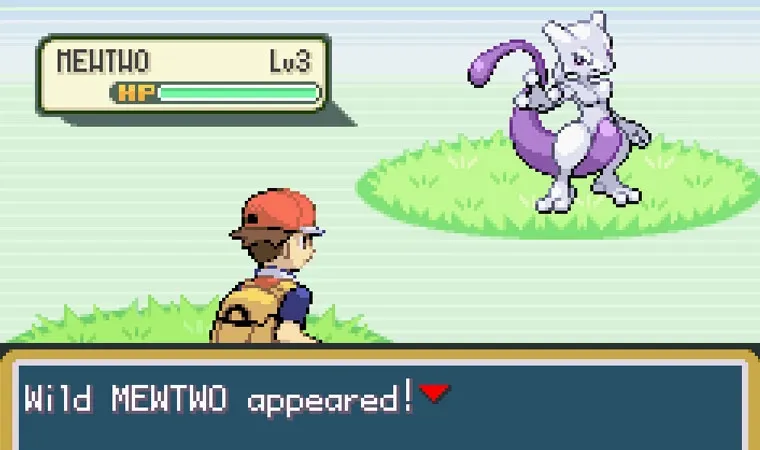 Imagem do jogo Pokémon Fire Red exibindo o treinador entrando em uma batalha contra o Pokémon lendário Mewtwo no nível 3 