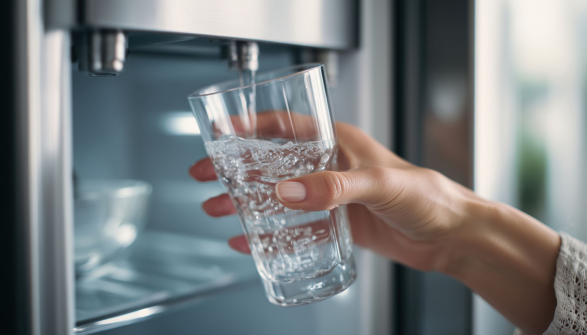 pessoa segurando copo de água em frente a uma geladeira com dispenser de água e gelo na porta