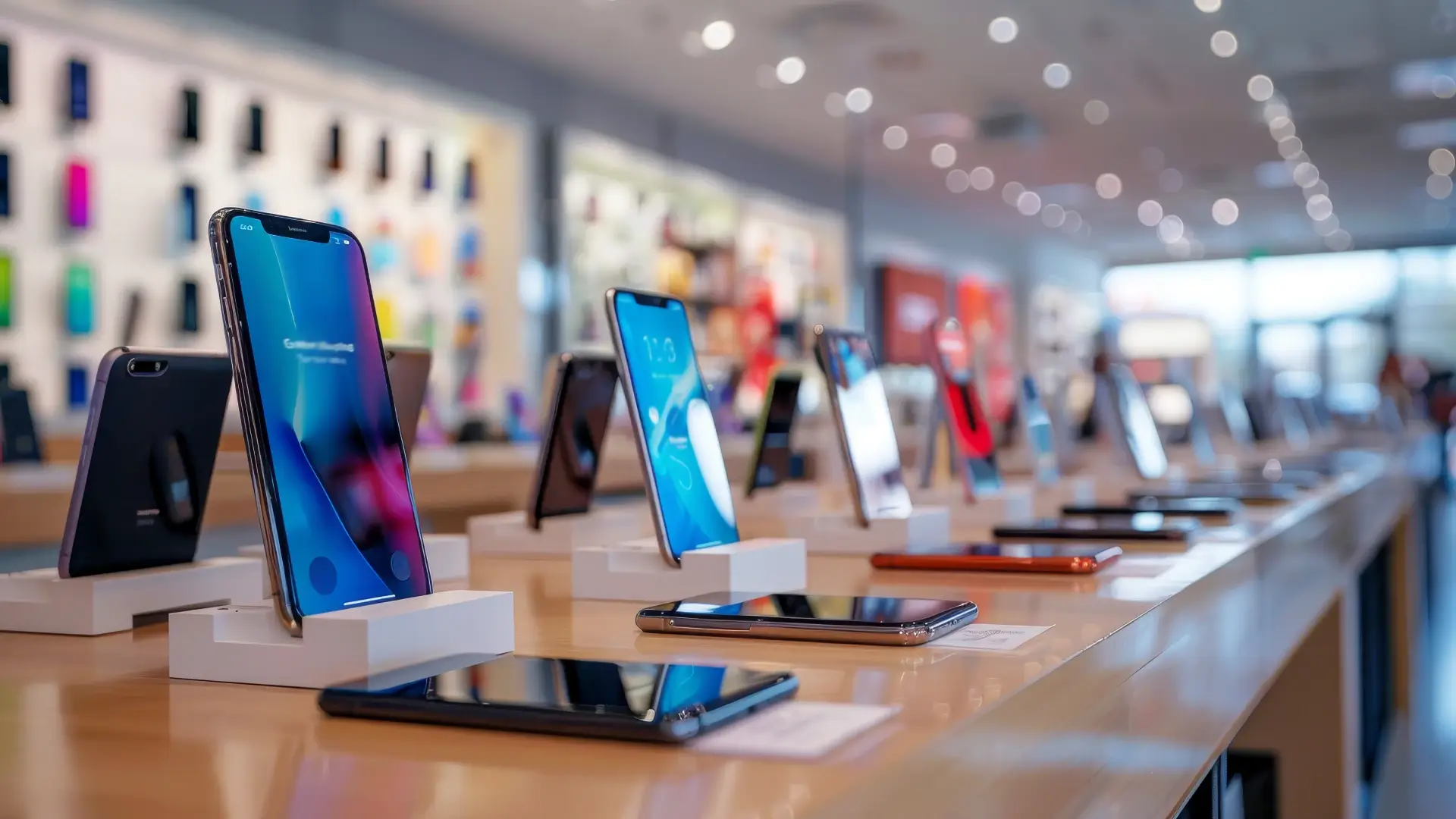 Vitrine de loja com smartphones expostos em balcão