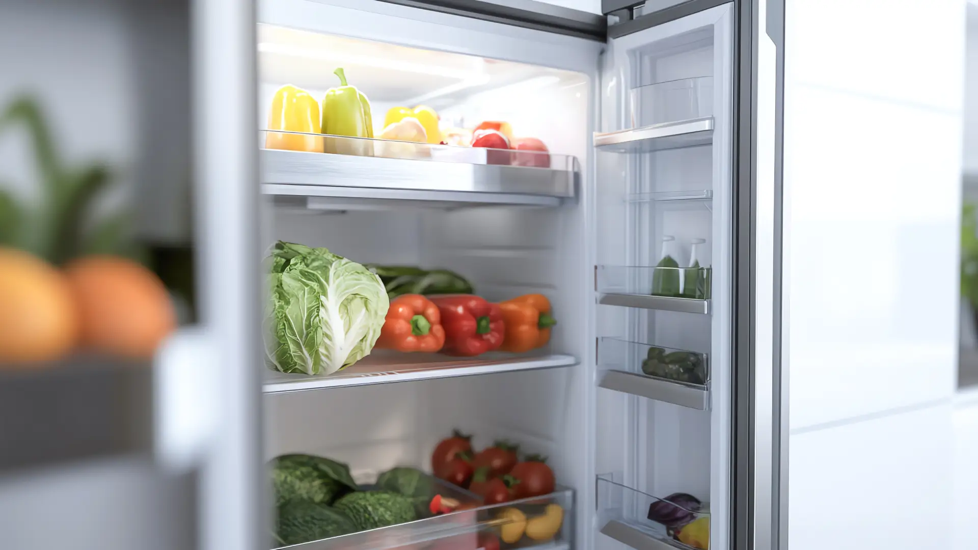 Geladeira Frost Free Multidoor em aço inox com quatro portas abertas, revelando prateleiras ajustáveis e iluminação em LED em fundo branco.