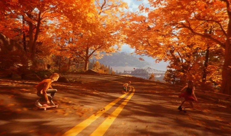 jogo Mixtape com os adolescentes, da esquerda para a direita, Stacey, Van e Cassandra, descendo uma rua de skate cercados por árvores com folhas de outono alaranjadas