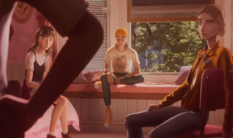  jogo Mixtape com os adolescentes da direta para a esquerda: Stacey, Van e Cassandra sentados no quarto da jovem com parte do corpo do pai de Cassandra bloqueando a câmera