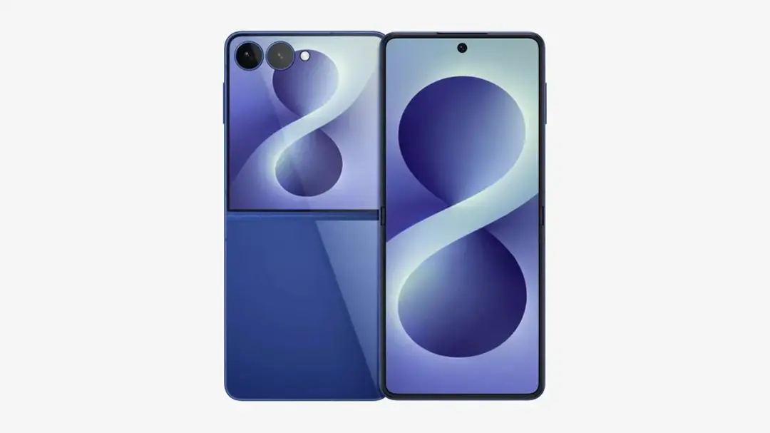 Imagem de uma renderização vazada do Galaxy Z Flip8 aberto, mostrando sua parte frontal e traseira