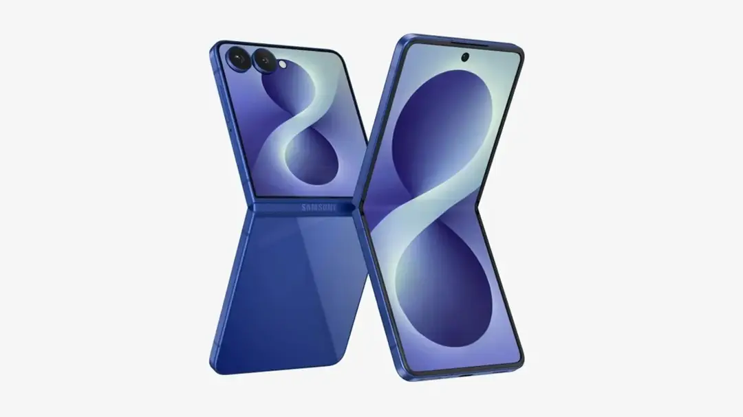 Imagem de uma renderização vazada do Galaxy Z Flip8 aberto em seus dois ângulos, frontal e traseiro