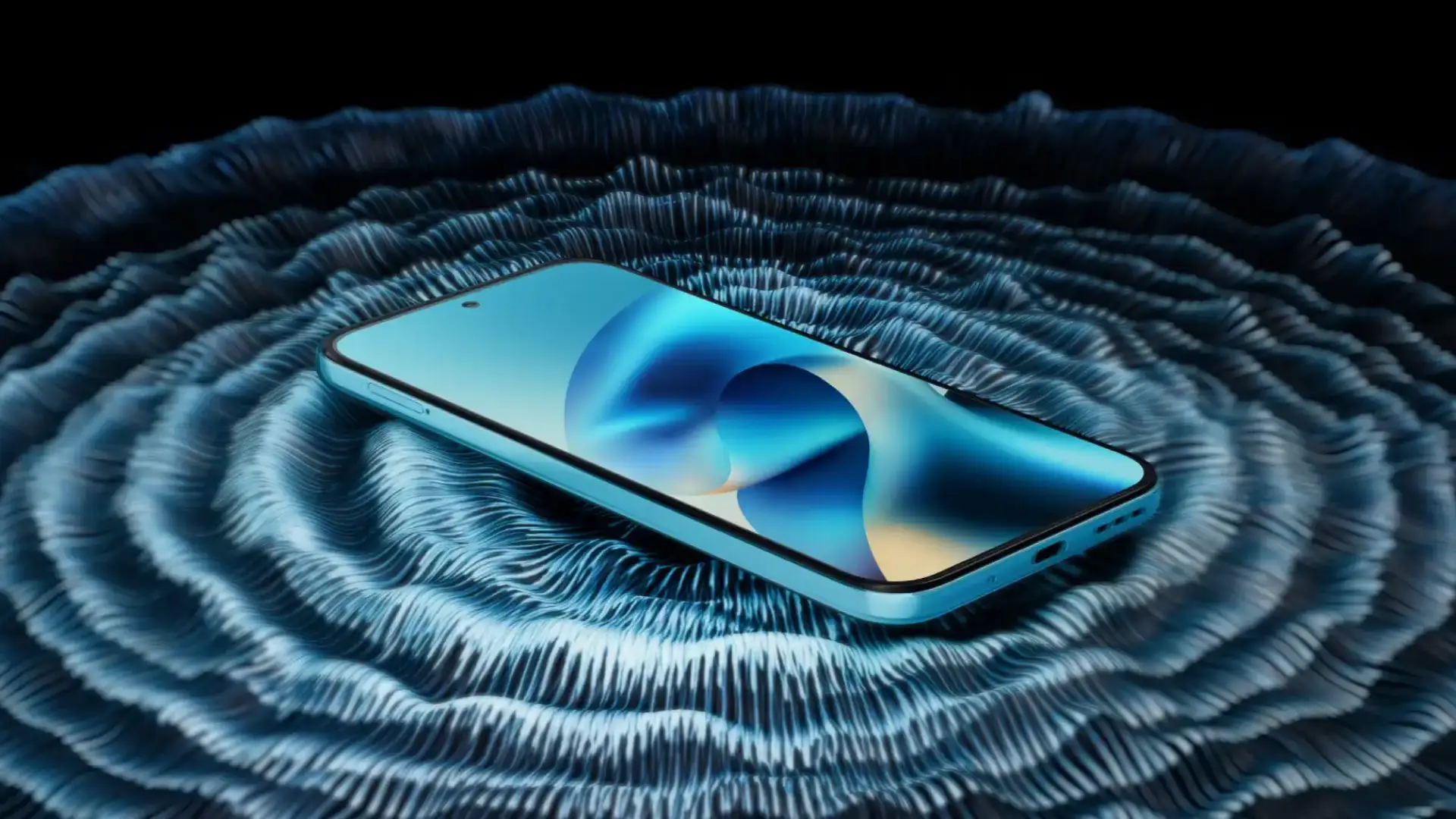 Smartphone moderno exibindo tela plana com wallpaper azul abstrato sobre superfície artística