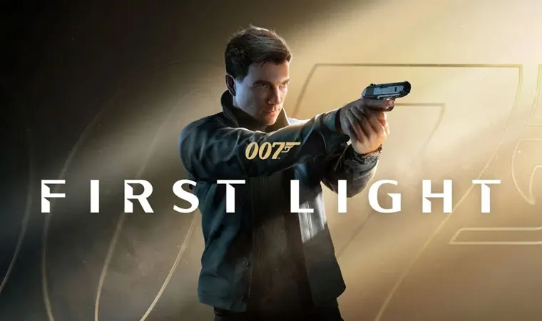 Arte do jogo 007 First Light com o personagem James Bond apontando uma arma em direção à câmera em frente a um fundo amarelo