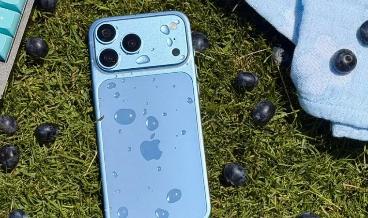 Um celular de cor azul está sobre um gramado de cor verde