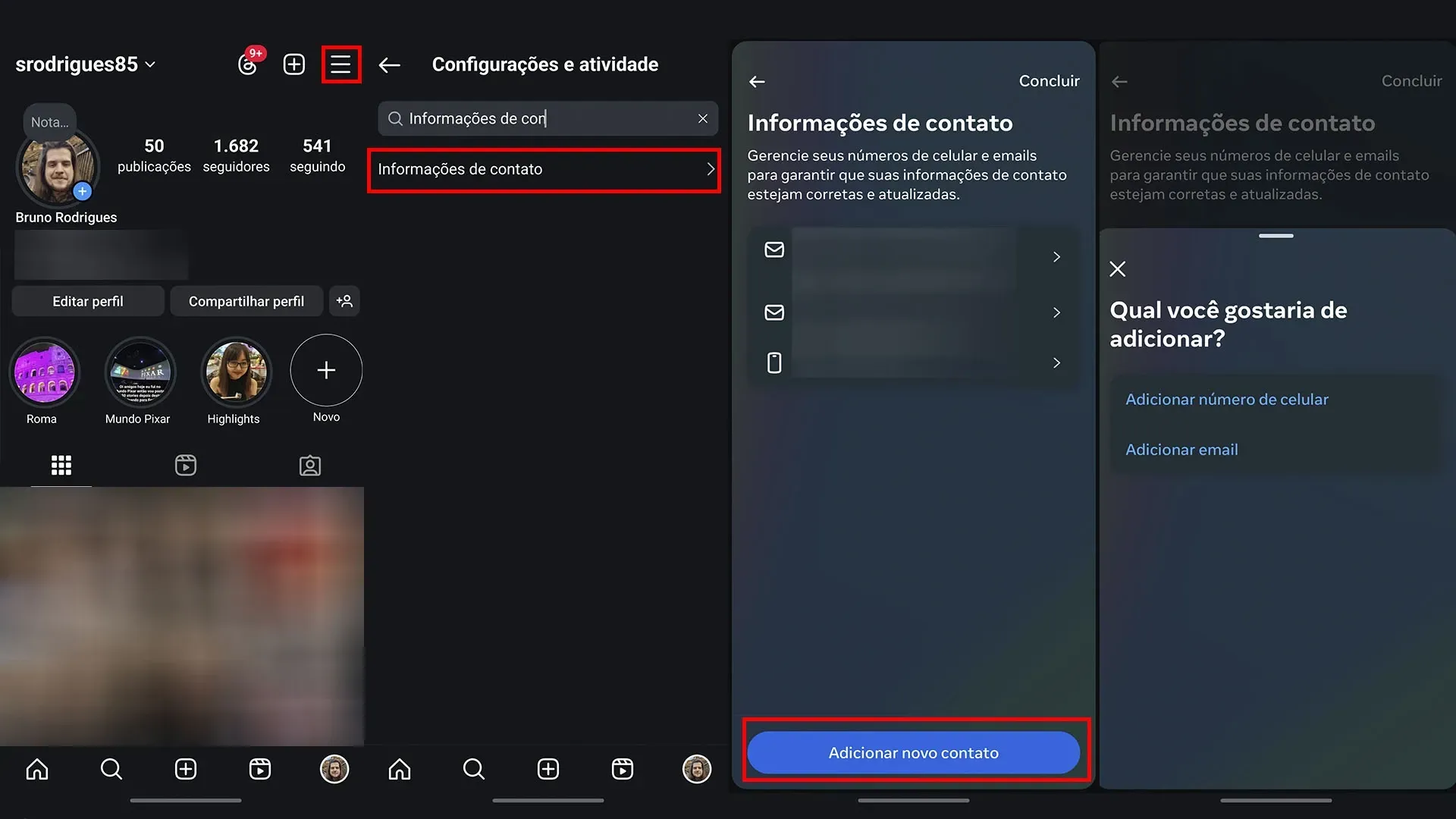 Imagem do tutorial de como cadastrar um novo email ou telefone de recuperação de senha no Instagram