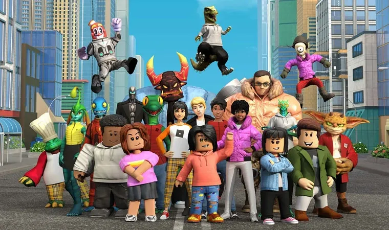 Roblox - arte mostrando muitos personagens variados, desde avatares tradicionais com cabeças cilíndricas até modelos elaborados, monstros e alienígenas.