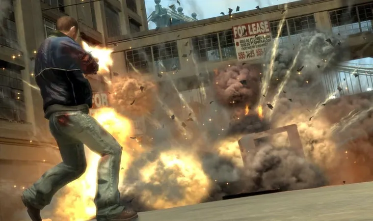 Imagem do jogo GTA 4 com o protagonista Niko Bellic disparando contra um carro