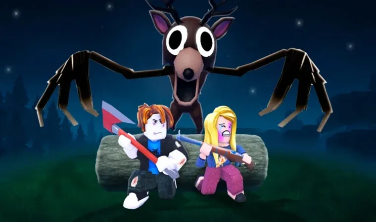 99 Nights in the Forest em Roblox - arte com avatar masculino segurando machado e feminino com espingarda, ambos se escondendo atrás de um tronco enquanto um monstro se aproxima ao fundo.