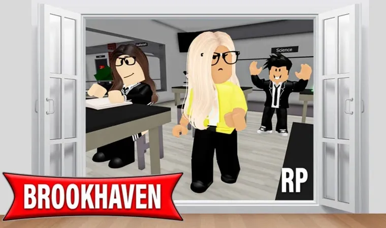 Brookhaven RP em Roblox - arte com três personagens (duas mulheres e um homem) trabalhando em um laboratório de ciência