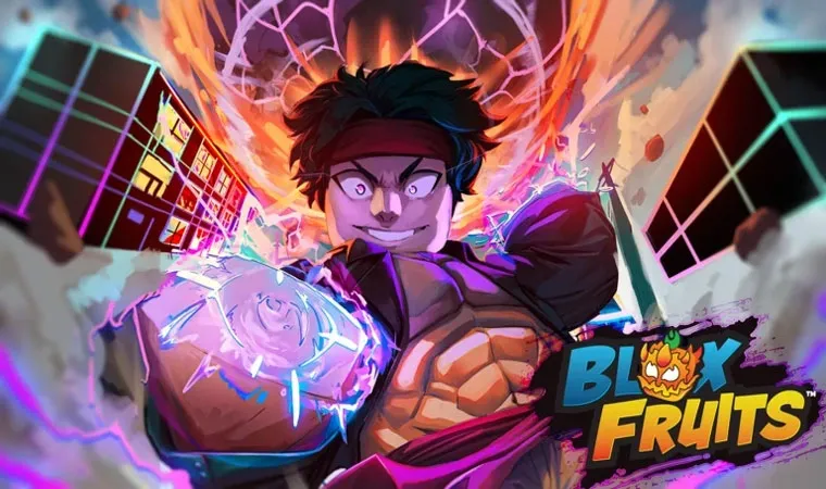 Blox Fruits em Roblox - personagem olhando para a câmera com luzes de poderes especiais fluindo do punho.